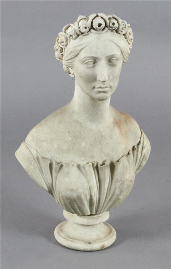 Shakespeare Wood (1827-1886). A carved white marble bust of a young lady wearing a rose garland in hair, height 28in.